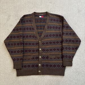 Vintage Tommy Hilfiger Men’s Wool Shetland Sweater Cardigan Button Up Brown